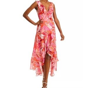 Aqua - Botanical Print High/Low Wrap Dress